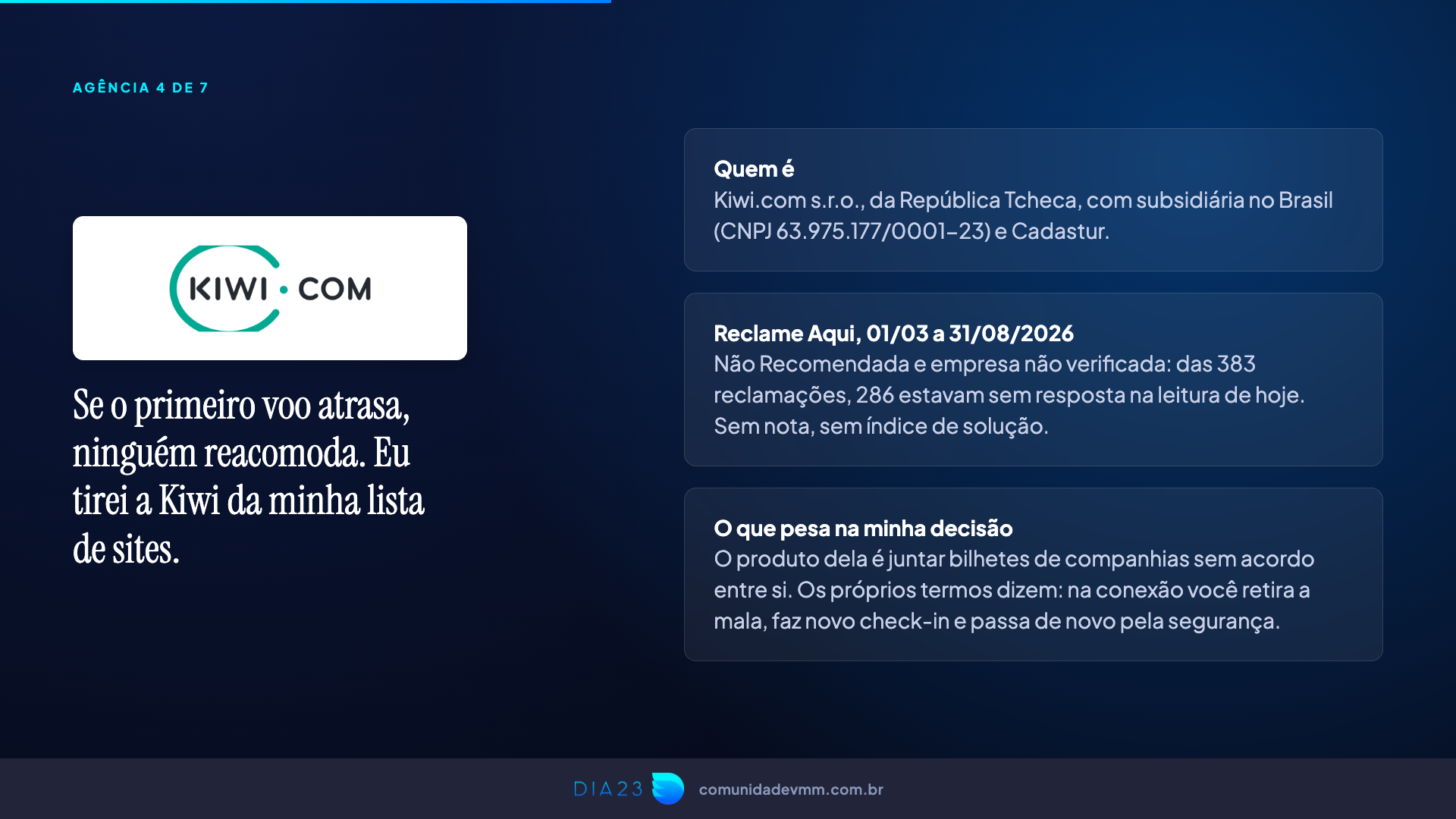 Slide da Kiwi.com com a regra da conexão por conta do passageiro